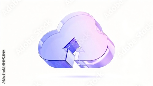 3D glass cloud with upload arrow blue and pink gradient isolated on white background symbolizing data transfer storage modern technology digital innovation internet software comput