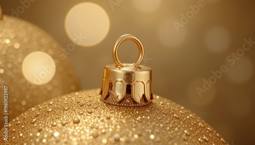 Closeup of a Shiny Gold Christmas Ornament with Glittery Surface and Bokeh Background