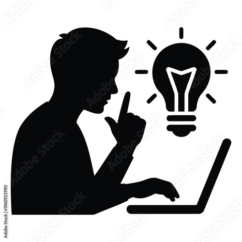 founder thinking with laptop and idea light bulb eps silhouette style showing innovation creativity startup thinking and business idea generation concept