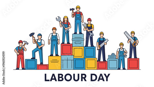 Foto Labour Day Celebration: A vibrant illustration depicts a diverse group of workers, each holding a tool, standing proudly atop a structure made of colorful blocks