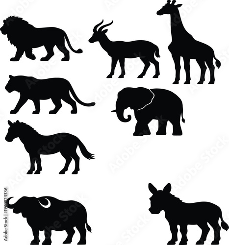 Cute vector animal icon set featuring cats, dogs, lions, bears, elephants and other animals in a simple black silhouette style collection