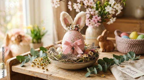 Pastel Easter egg with bunny ears and floral decor on rustic wooden table, cozy spring home scene with copy space