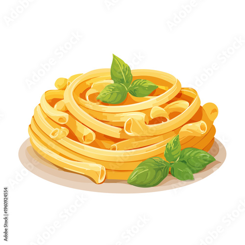 Illustration of a nest of Italian rigatoni pasta garnished with fresh basil leaves on a plate.