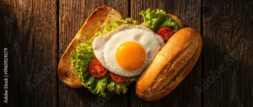 Delicious Breakfast Sandwich with Fried Egg Lettuce and Tomato on Wooden Table