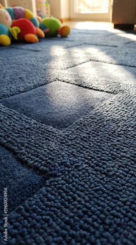 Close-Up View of Textured Blue Carpet with Colorful Plush Toys in a Bright Living Room