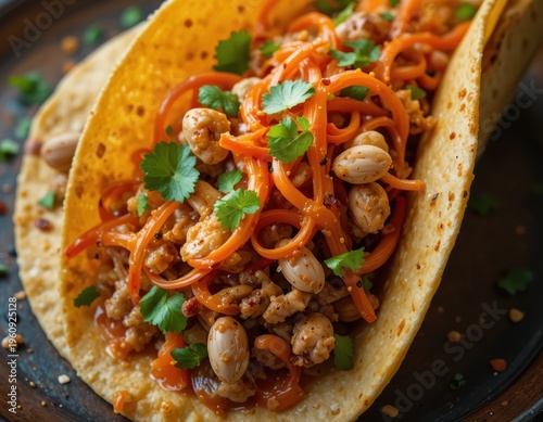 Delicious Chicken Taco with Carrots and Peanuts Garnished with Fresh Cilantro on a Dark Plate