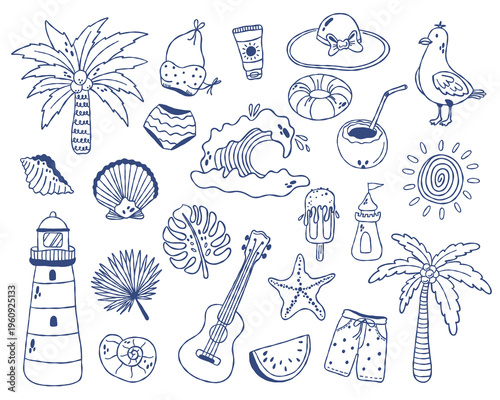 Large set of summer beach elements in hand drawn outline style. Tropical collection with palm trees, shells, wave, lighthouse, coconut drink and accessories, perfect for design, stickers and patterns