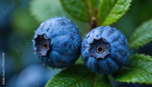 Close-Up of Two Fresh Ripe Blueberries with Water Droplets on Green Leaves in Natural Setting