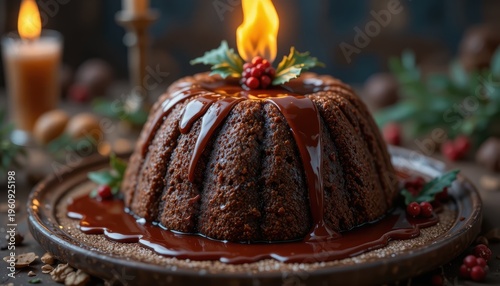 Decadent Chocolate Pudding Cake with Glazing Sauce and Festive Berries Surrounded by Candles