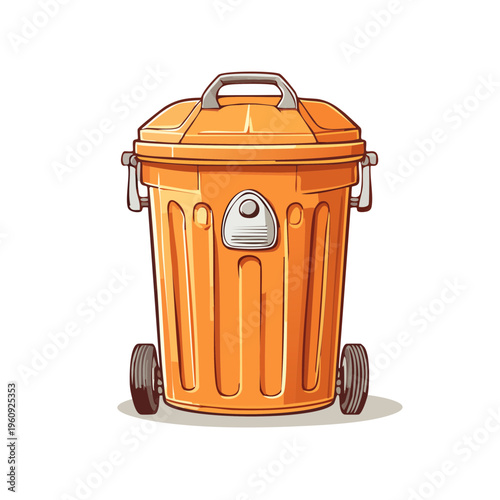 Orange wheeled trash can with lid and handles
