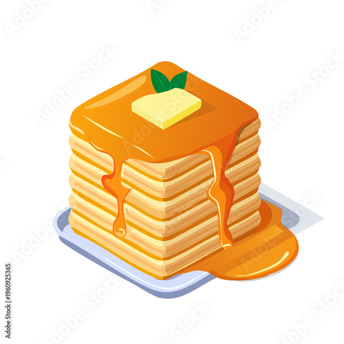 Stack of golden pancakes with melting butter and dripping syrup served on a plate