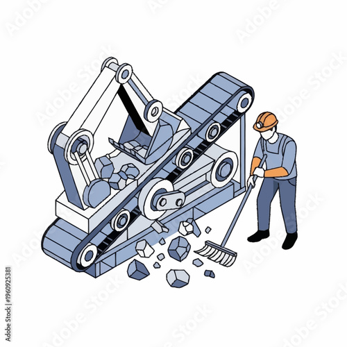 Isometric illustration of a worker with a rake next to a rock crushing machine.
