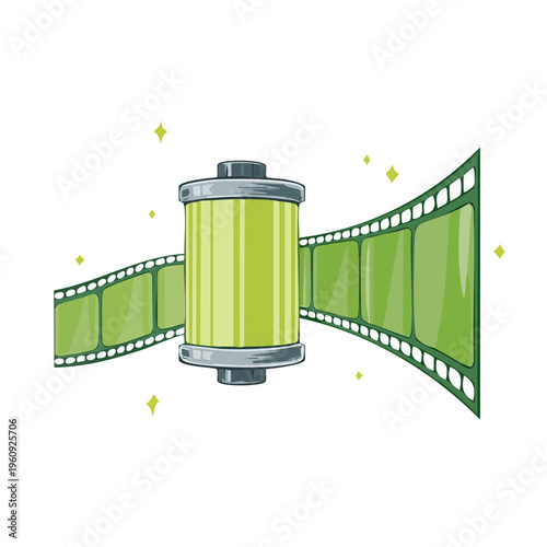Green film canister with a strip of film unwinding and sparkling highlights