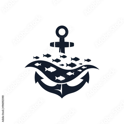 Black anchor with fish swimming around.