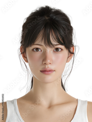Young Woman Portrait: A close-up studio portrait of a young Asian woman with dark hair and gentle eyes, facing forward with a serene expression. Her simple white top adds to the clean.