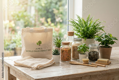 Eco friendly packaging with plants and natural products, sustainable zero waste lifestyle concept