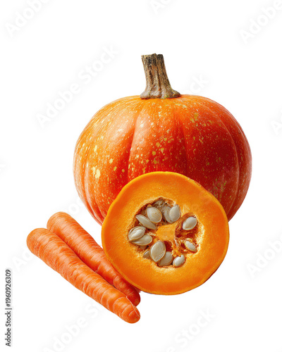 Autumn Harvest Duo: A vibrant whole pumpkin and three ripe carrots, with one pumpkin sliced to reveal its seedy interior, arranged to signify the bounty of the harvest season.