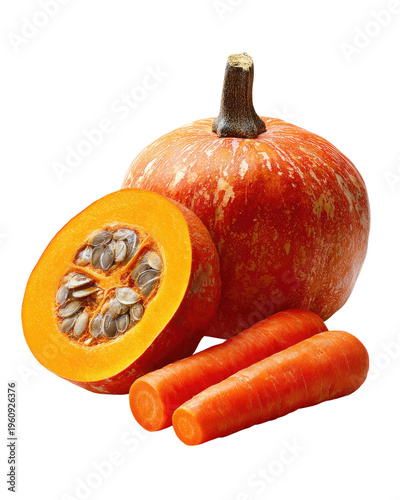 Seasonal Harvest: A vibrant pumpkin, sliced open to reveal its seeds, sits beside two fresh carrots, embodying the essence of autumn bounty and healthy eating.