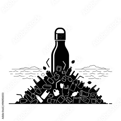 Black reusable metal water bottle pollution.