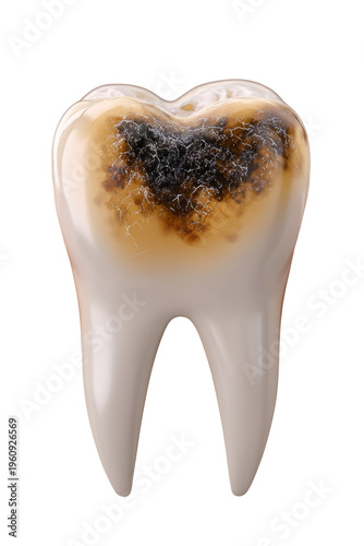 Dental Decay: A close-up illustration of a human tooth showing significant decay and discoloration, highlighting the damaging effects of poor dental hygiene.