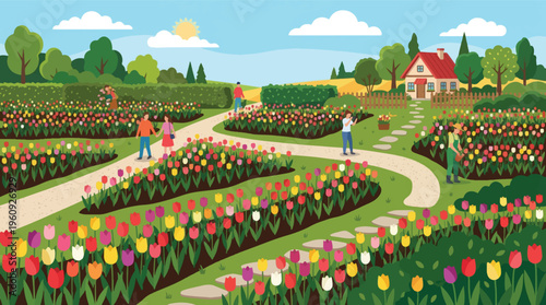 Vibrant Spring Landscape with Visitors Enjoying a Colorful Tulip Garden Walk, Illustrating Outdoor Leisure and Floral Beauty
