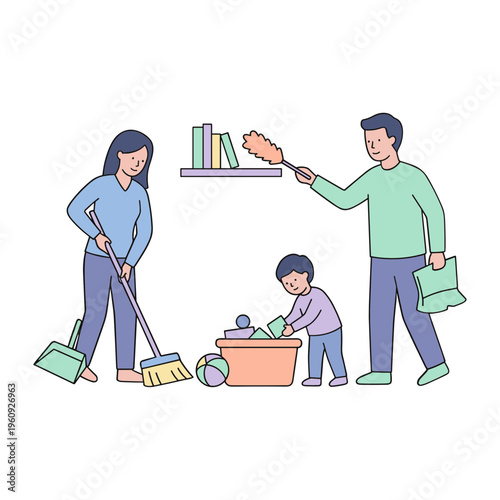Family cleaning together at home with brooms and toys
