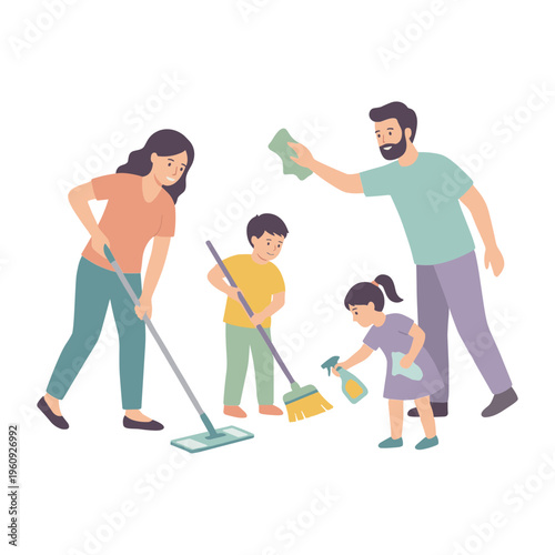 A family cleans together at home with brooms and mops