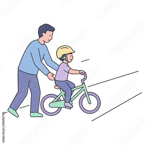 Father helps little boy riding bicycle on road with training wheels