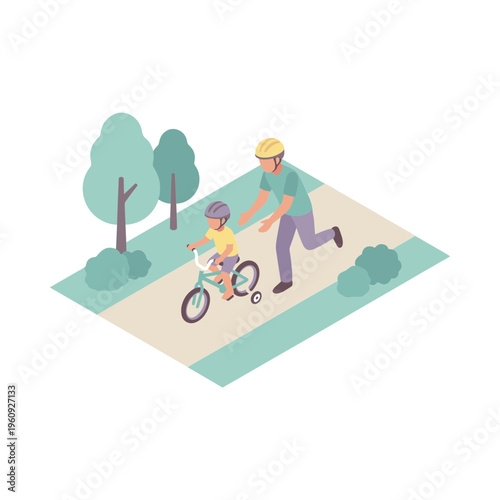 Father teaches little son riding bicycle on pathway in park