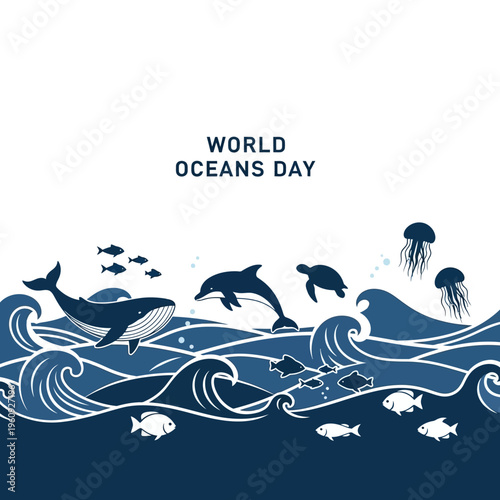 Dolphins and Whales in Ocean Waves.