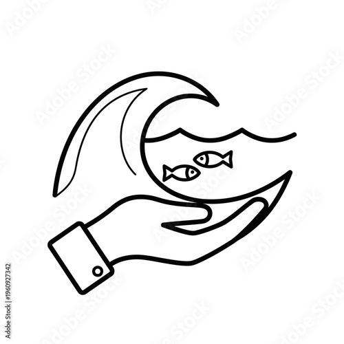 Hand holding fish in water wave.