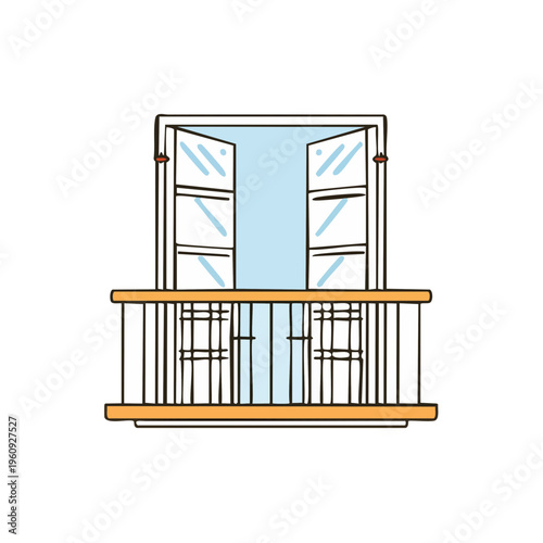 Open Balcony Doors with Wooden Railing and Light Blue Sky View