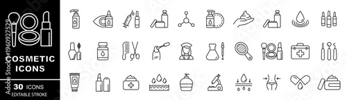 Cosmetic icons collection. Makeup, deodorant, lotion, cream bottle, lipstick, brush makeup.