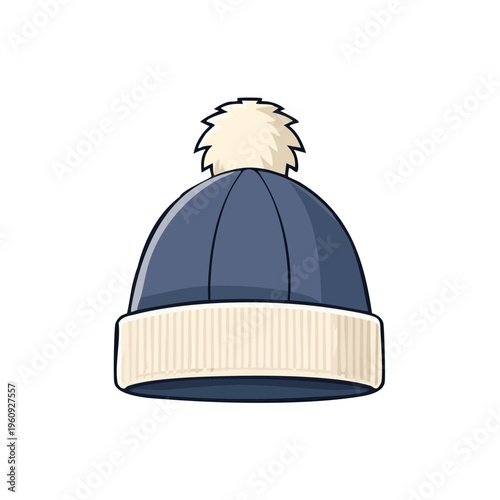 Warm knitted winter hat with pom pom and rib knit band in blue and cream