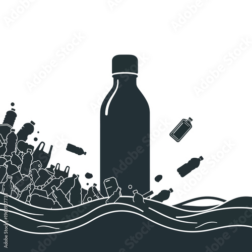 Plastic bottle pollution in ocean waves.