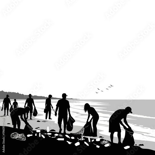 People collecting trash on beach.