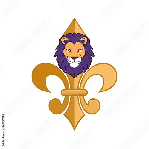 Golden fleur de lis with a purple maned lion head symbol for heraldry and royalty