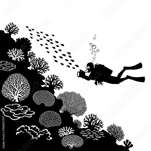 Scuba diver exploring coral reef ecosystem.