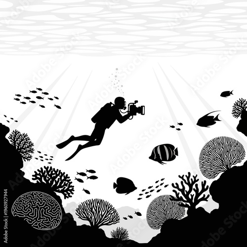 Scuba diver exploring coral reef ocean.