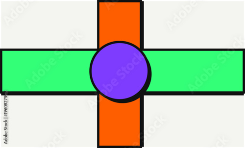 A graphic design featuring an orange vertical bar and a green horizontal bar with a purple circle