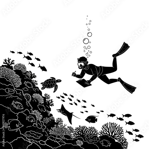 Scuba diver exploring coral reef sea.