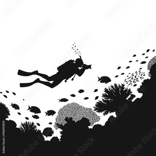 Scuba Diver Exploring Ocean Reef System.