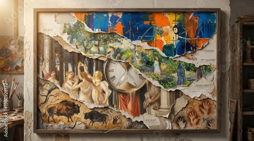 Artistic Timeline of Historical Eras Art Collage Historical Timeline Ancient Renaissance Art Styles. Concept featuring art, collage, historical, timeline, ancient for professional commercial design.