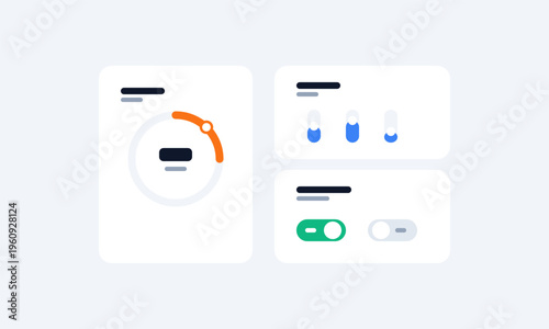 Minimalist interface design displaying interactive dashboard widgets with controls and data meters