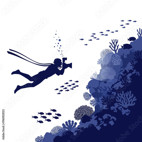 Scuba diver exploring ocean reef.