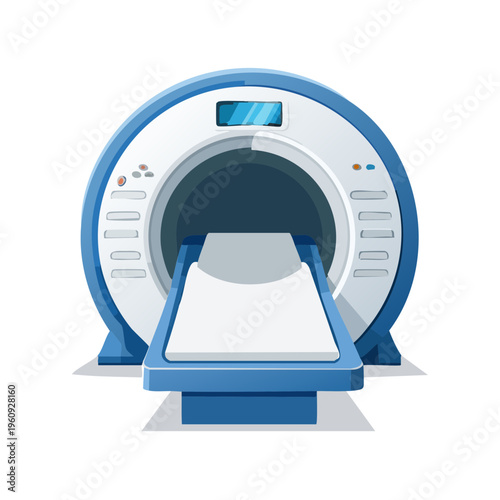 Modern medical diagnostic scanner with examination table and digital display screen