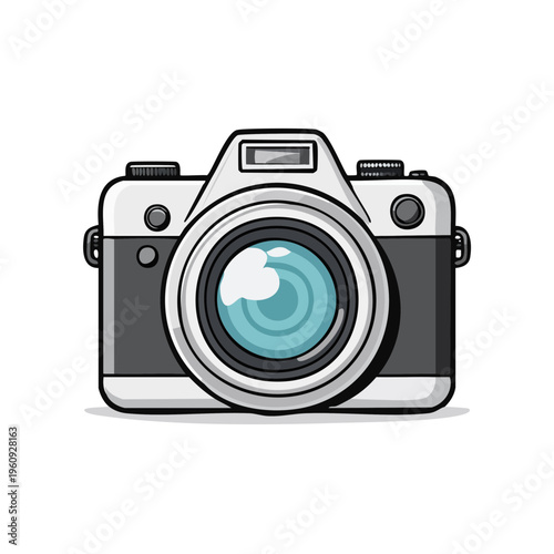 Stylized retro camera with a prominent blue lens reflecting light