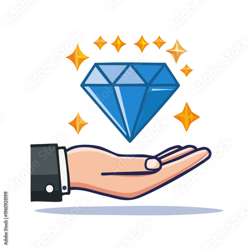 Hand holding a sparkling diamond with stars around it