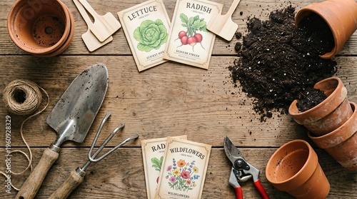 Gardening tools and seed packet for spring planting. Flat lay of soil, terracotta pot, shovel and rake on rustic wooden table. Hobby of agricultural work for vegetable and wildflower farm cultivation