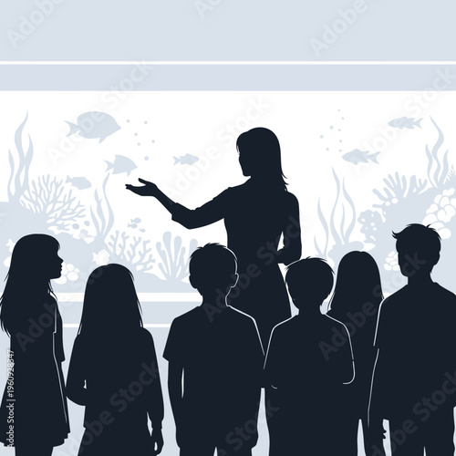Silhouette of people looking aquarium exhibit.
